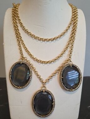 Talbots Gold-Tone Triple Chain Necklace with Black Oval Glass Faceted Pendants